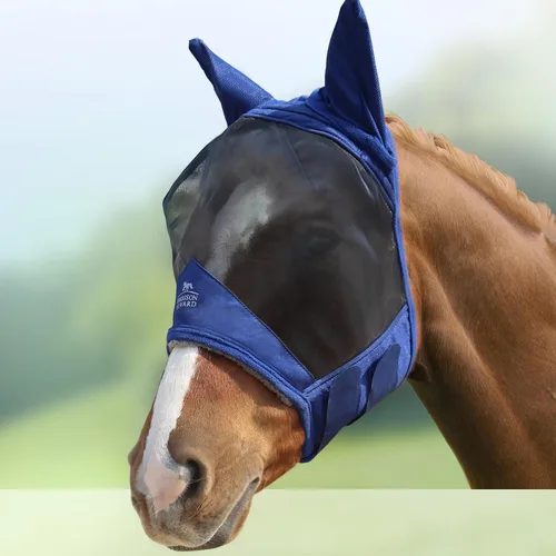Vista 16 de Harrison Howard Máscara de mosca de caballo luminosa profesional estándar con orejas protección UV para caballo, azul y plateado, pequeño poni