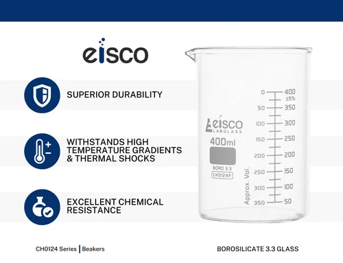 Vista 5 de EISCO Vasos de precipitados de 12 unidades, 0.7 onzas líquidas, ASTM - Forma baja con boquilla - Doble escala, graduaciones blancas - Vidrio