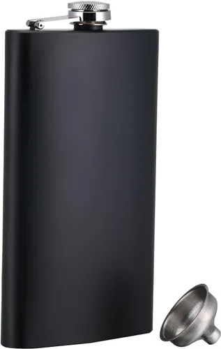 Vista 2 de Petaca de whisky de bolsillo negro mate de 12 onzas con embudo y caja, acero inoxidable y a prueba de fugas