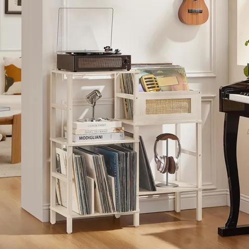 Vista 10 de LELELINKY Soporte para Tocadiscos, Soporte para Discos de Madera Marrón con Almacenamiento de Vinilo con Capacidad para hasta 300+ Álbumes, Mesa