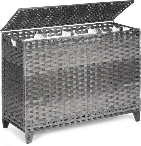 Vista 10 de Cesta para ropa sucia con 3 bolsas extraíbles; cesta de lavandería de ratán tejida a mano de 132 litros con tapa y pies elevados; cesta de ropa