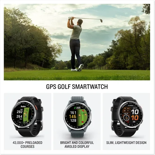 Vista 2 de Garmin Approach® S44, reloj inteligente GPS esencial para golf, pantalla AMOLED, funciones en el campo, bisel de aluminio plateado con banda