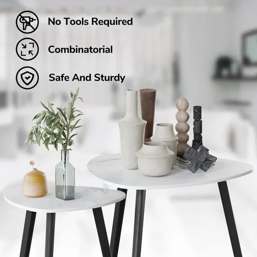 Vista 6 de BAMEOS Juego de 2 mesas auxiliares triangulares de bambú, mesa auxiliar moderna minimalista para sala de estar (blanco mármol)