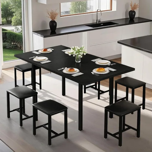 Vista 7 de VECELO Juego de mesa de comedor de 7 piezas con 6 taburetes cuadrados, mesa de cocina expandible de 63 pulgadas con carga USB y marco de metal
