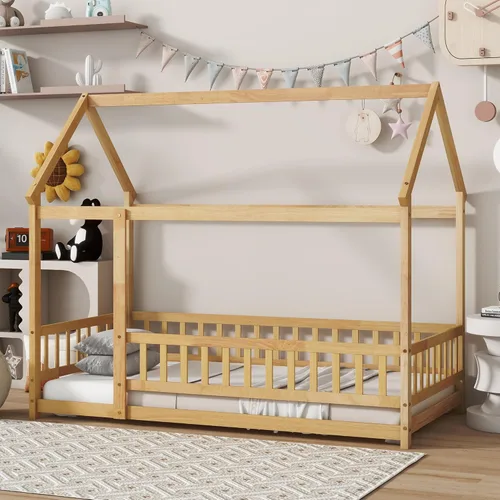 Vista 11 de Bellemave Cama de Tamaño Matrimonial de Piso Tipo Casa, Cama Montessori de Madera con Valla y Techo para Niños, Base de Cama Completa Tipo Casa