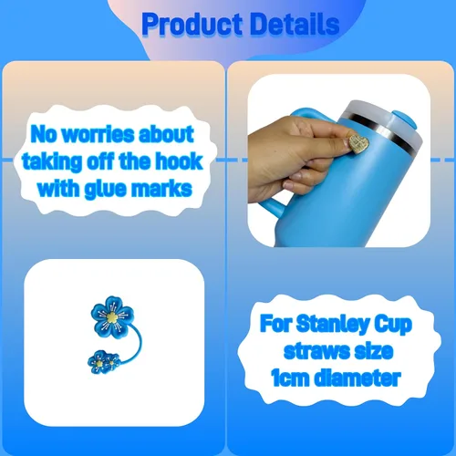 Vista 3 de Accesorios para vaso Stanley 40oz, 2 fundas de silicona para vaso Stanley, 1 tapa de pajita con flores, 2 ganchos con dijes, 1 bolsa porta labios, 1