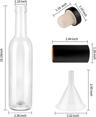 Vista 2 de GUANENA Paquete de 12 botellas de vidrio transparente de 350 ml con tapas de corcho y cápsulas retráctiles de PVC, botellas de vino vacías