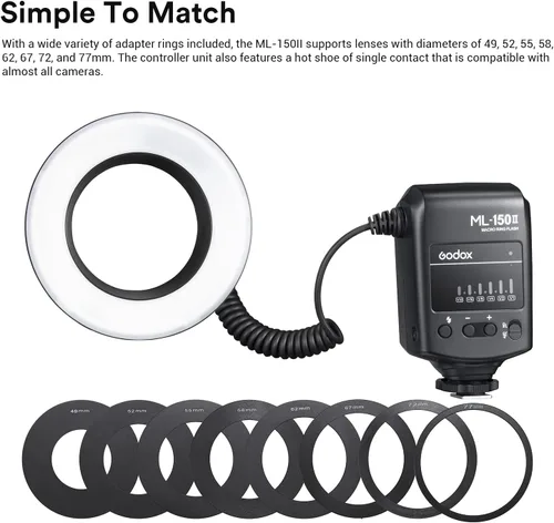 Vista 4 de Godox ML150II Macro Ring Flash en la cámara Anillo Flash Luz GN12 CCT 5800K ± 200K para Fuji, para Canon, para Nikon, para Sony, para cámara Olympus