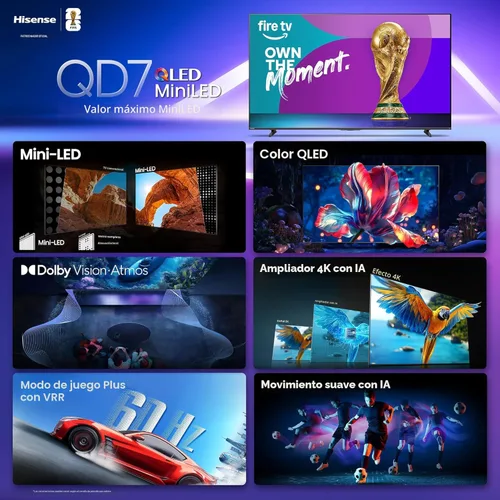 Vista 4 de Hisense Serie QD7 Clase de 65 pulgadas Mini-LED 4K UHD Smart Fire TV (65QD7QF, modelo 2025) - QLED, HDR10+, Dolby Vision, Dolby Atmos, Modo de Juego