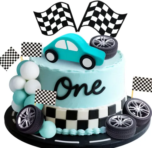 Vista 10 de JeVenis Decoración de pastel de coche de carreras, decoración de pastel de bandera a cuadros, decoración de pastel de crecer dos cumpleaños rápido