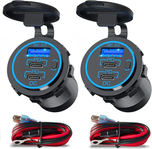 USB C Car Charger Socket 12V USB Outlet 2 Pack,78W RV USB Outlet Dual 30W PD USB-C and 18W QC3.0 Car USB Port with Button Switch Waterproof for Car