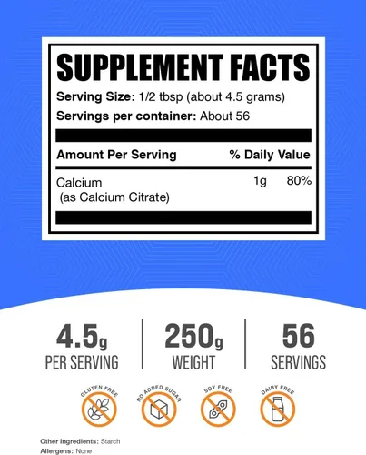 Vista 2 de BulkSupplements. com - Polvo de citrato de calcio - Suplementos de calcio para mujeres - Suplementos de calcio veganos - Polvo de calcio