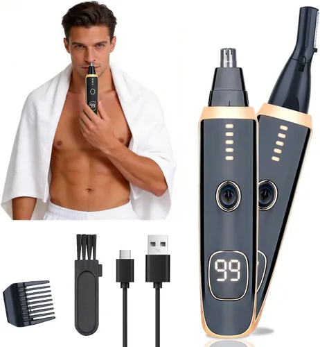 Recortador de vello de nariz y oreja para mujeres y hombres, pantalla LED 2 en 1, recortadora de pelo de cejas con recargable por USB, depilación