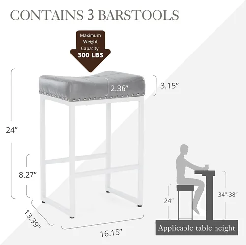 Vista 15 de LUE BONA Taburetes de bar de altura de mostrador de 24 pulgadas, juego de 3, moderno taburete de cuero sintético sin espalda con patas de metal