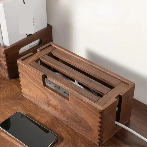 Vista 2 de Wood Cable Box Organizer Power Strip Cord Storage Desktop Wire Hider Home Office Router for TV Wires,Computer(Large Black Walnut)