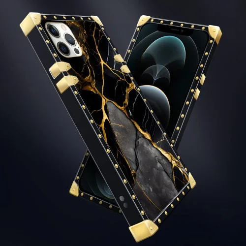 Vista 5 de DAIZAG Funda compatible con iPhone 14 Pro Max, funda de teléfono dorada a prueba de golpes, patrón de mármol natural negro dorado