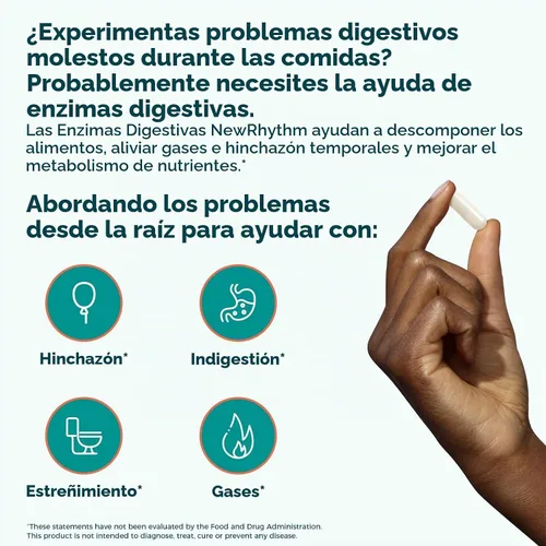 Vista 3 de NewRhythm Enzimas digestivas de 490 mg, con probióticos y prebióticos, a base de plantas, 7 enzimas clave, digestión, absorción de nutrientes