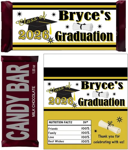 Party Printing 20 ct. Black and Gold Graduation Chocolate BAR Wrappers Compatible with 1.55 oz. Hershey BAR Solid Milk Chocolate, Personalized Class