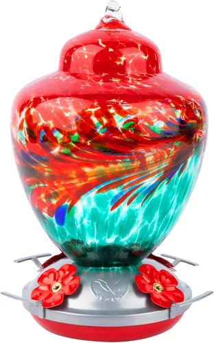 Vista 10 de REZIPO Comedero para colibríes con perca, vidrio soplado a mano, capacidad de néctar de colibrí de 38 onzas líquidas, incluye cables colgantes