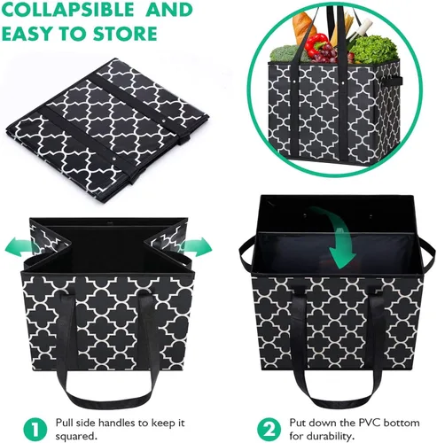 Vista 5 de WISELIFE Paquete de 2 bolsas reutilizables para comestibles, plegables, lavables, grandes, resistentes al agua, color negro