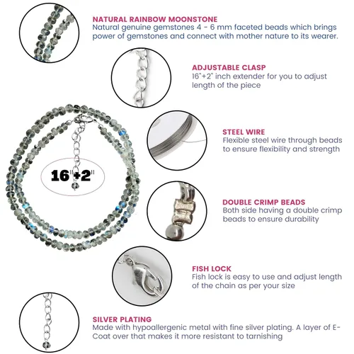 Vista 6 de Gempires Natural Rainbow Moonstone Rondelle Beads Necklace, Energy Healing Crystals, Silver Plated Chain, Birthday, Gift for Her, Gemstone Jewelry