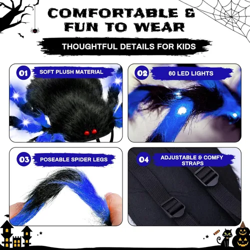 Vista 4 de Garma Light Up Spider Costume for Kids, 60 LED Halloween Spider Backpack Azul y negro
