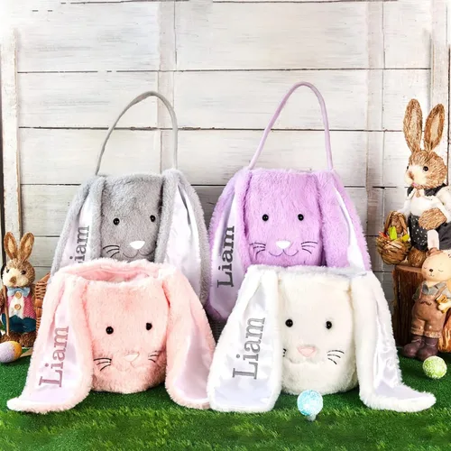 Cesta de Pascua personalizada de conejo, cesta de Pascua de piel con nombre, cubo de Pascua de felpa, bolsa de regalo de Pascua personalizada para