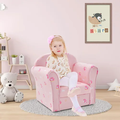 Vista 2 de INFANS Sofá para niños, sillón para niños pequeños con diseño de dibujos animados de construcción de madera resistente, sillón tapizado para niños
