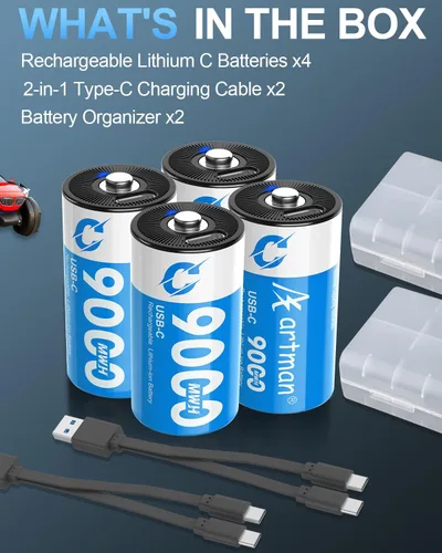 Vista 5 de Artman - Paquete de 4 baterías recargables de litio C, baterías de celda C de 1.5 V con cable de carga USB-C 2 en 1, batería de iones de litio C