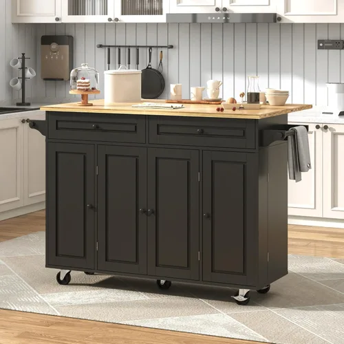 Vista 2 de Isla de cocina rodante de 55" de ancho con hoja abatible – Carritos de cocina móviles sobre ruedas, isla con gabinete de almacenamiento, mesa isla