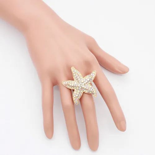 Vista 3 de Lavencious Anillo elástico con diseño de estrella de mar para mujer, talla 7-9, Diamantes de, Diamantes de imitación