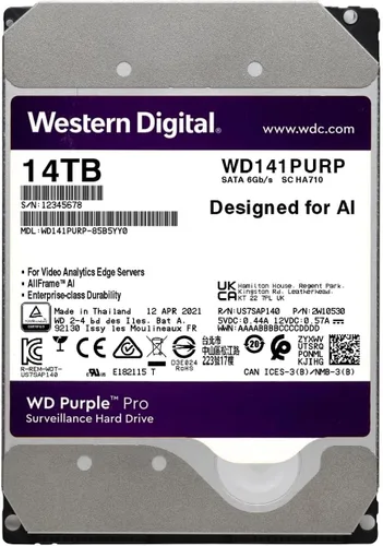 Vista 2 de Western Digital - Disco duro interno WD Purple Pro Surveillance de 14 TB, SATA 6 Gb/s, caché de 512 MB, 3.5 pulgadas, WD141PURP