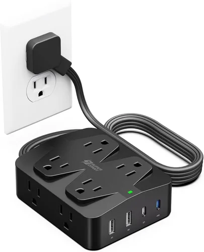 Vista 28 de Cable de extensión de 10 pies con múltiples tomas, tira de alimentación con protector de sobretensiones de enchufe plano, cable de 10 pies de largo