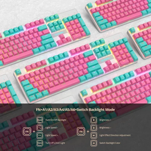 Vista 6 de Teclado mecánico de tamaño completo, teclado cremoso con teclado numérico, teclado para juegos con cable de 104 teclas, teclado rosa con interruptor