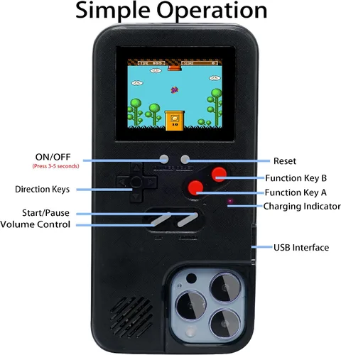 Vista 5 de Funda de Gameboy para iPhone 11 Pro, diseño retro de 36 juegos clásicos, funda de juego con pantalla de video a color para iPhone, cubierta Negro