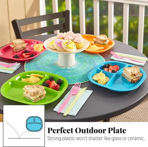 Vista 5 de US Acrylic Harmony - Bandeja de plástico dividida de 3 compartimentos para niños en 4 colores Calypso Juego de 12 platos reutilizables sin BPA