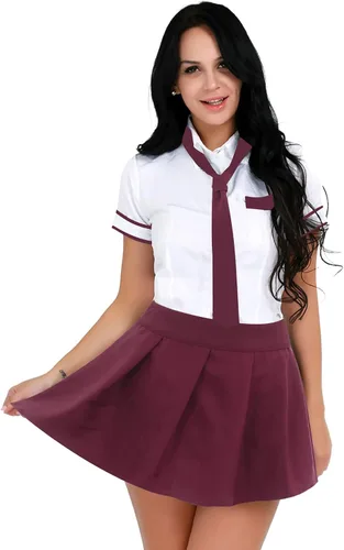 Vista 6 de Moily Women's Cosplay Uniforms Short Sleeve Lapel Collar Shirts Blouses with Pleated Skirt and Tie Verde