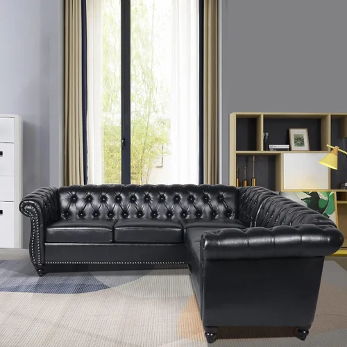 Vista 7 de ORRD Sofá seccional pequeño en forma de L, sofá Chesterfield de cuero copetudo con brazos de desplazamiento y cabeza de clavo para sala de estar