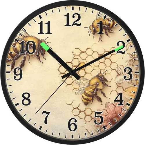Vista 8 de JUNZAN Luminous Voice-Activated Round Wall Clock 12 Inch Honey Bees Wildflowers Retro Yellow Non-Ticking Silent Battery Operated Wallclocks for