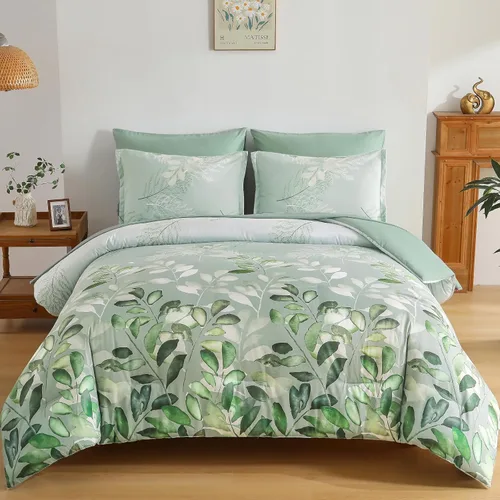 Vista 13 de Anibedding Juego de edredón Aqua tamaño Queen, 7 piezas de hojas botánicas reversibles de microfibra suave en una bolsa con juego de sábanas