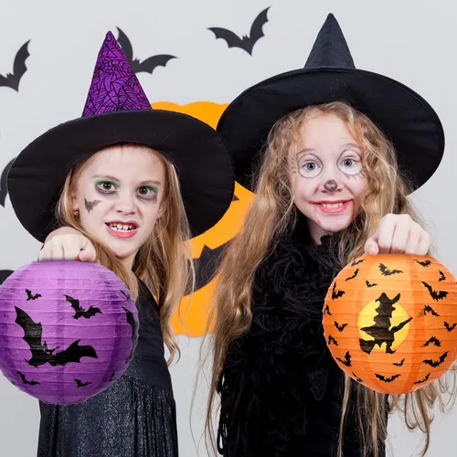 Vista 2 de 12 linternas de papel de Halloween, farol Jack O Lanterns, calabaza, faroles colgantes de araña, murciélago y esqueleto para Halloween, suministros