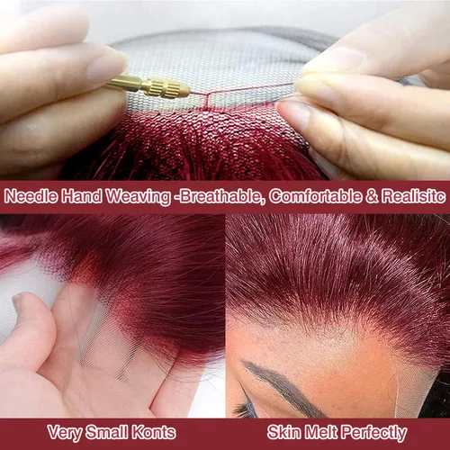 Vista 6 de Nsvnsv Peluca de cabello humano burdeos 99j borgoña de 13 x 6 pulgadas, pelucas de encaje frontal transparente HD de cabello humano prearrancado