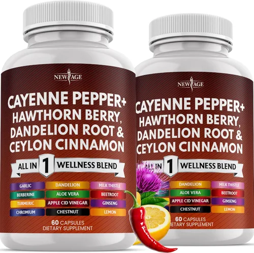 Vista 8 de NEW AGE Suplemento de cápsulas de pimienta de cayena con bayas de espino, raíz de diente de león, canela de Ceilán, ajo, jengibre, ACV, cardo