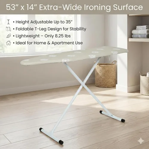 Vista 4 de Tabla de planchar beige con patas en T con funda de algodón, tabla de planchar plegable de 53 x 14 pulgadas, altura ajustable, uso doméstico