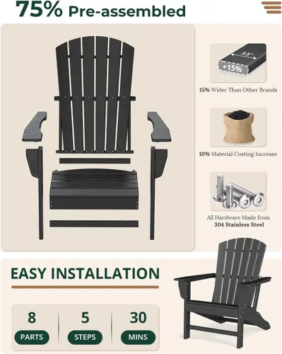 Vista 8 de BRIOPAWS Adirondack - Juego de 2 sillas para hoguera, de gran tamaño, plástico HDPE, resistente a la intemperie, para terraza, exterior, piscina