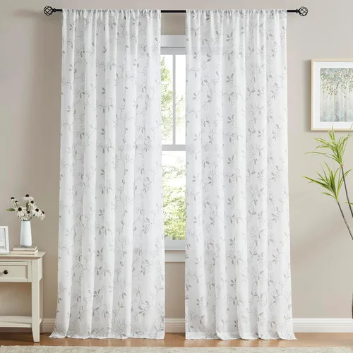 Vista 11 de Vision Home Cortinas con textura de lino transparente floral de 84 pulgadas, paneles de ventana bordadas con estampado de hojas para sala de estar