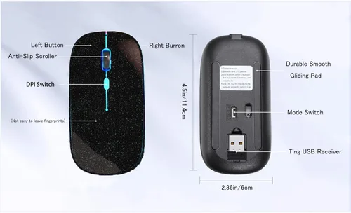 Vista 5 de WREANU Ratón Inalámbrico Bluetooth Recargable con Luces LED Silencioso y Delgado para Laptop (BT5.2 y 2.4G con Receptor USB Portátil) Ratón