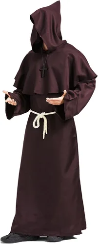 Vista 2 de Disfraz de monje, disfraz medieval de sacerdote renacentista, con capucha, capa de fraile, disfraz de cosplay, disfraz de túnica para Halloween
