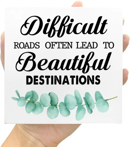 Vista 7 de Inspirational Wood Block Sign - Difficult Roads Often Lead to Beautiful Destinations - Wooden Box for Home Shelf Office Tabletop Desk Decor - Funny