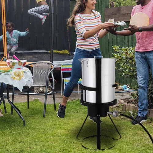 Vista 2 de Freidora – Kit de olla de aluminio de 30 cuartos de galón de mariscos y freidora de pavo con termómetro, cesta, propano para cangrejo, langosta